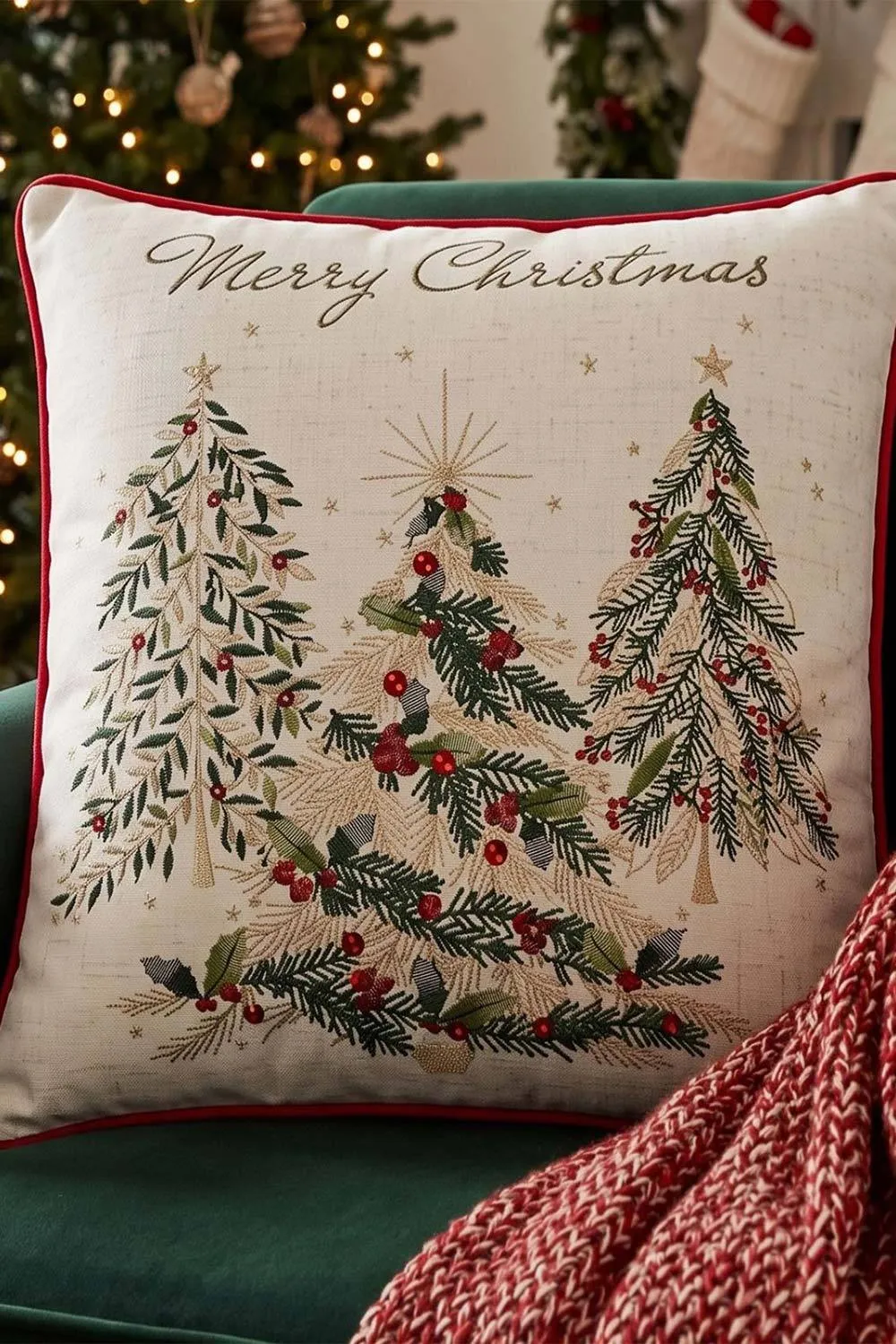 Homescapes Woven Christmas Trees Cushion with Cover, 45x45cm in Cream 2