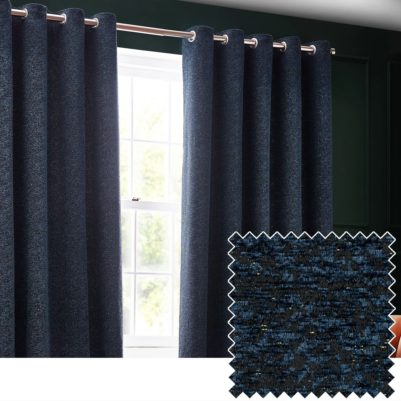 Paoletti Galaxy Velvet Chenille Eyelet Curtain Pair in Navy 1