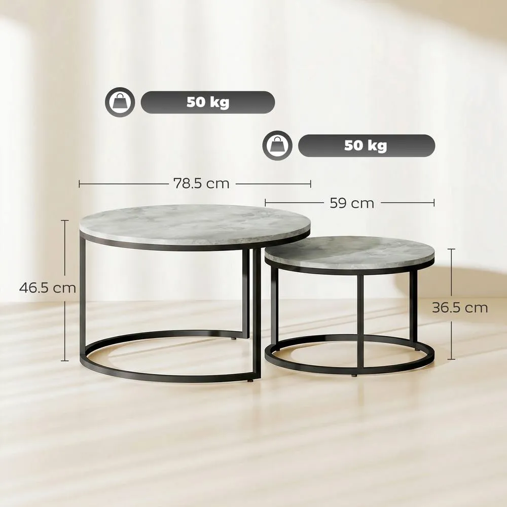 HOMCOM 2 Pcs Stacking Coffee Table Set Steel Frame in Light Grey 3