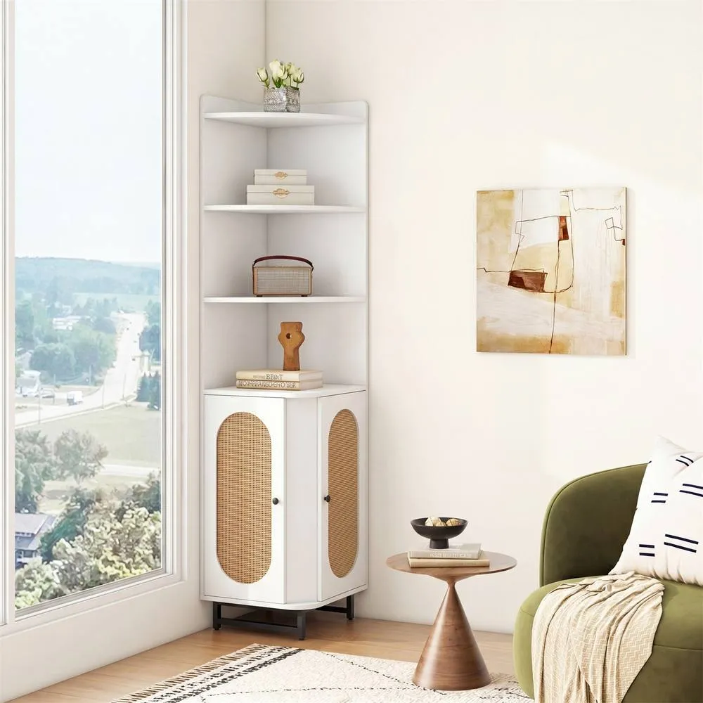 Costway PE Rattan Corner Cabinet 172cm Tall Corner Bookcase w/2 Doors &Shelves in White 3