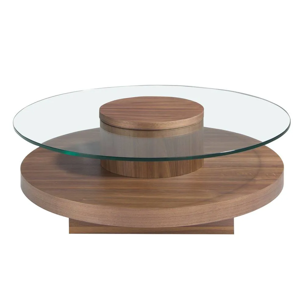Angel Cerda Round Tempered Glass Coffee Table Walnut Veneer Legs in Brown 2
