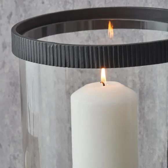 Black Ribbed Metal Glass Cylinder Hurricane Candle Holder 2