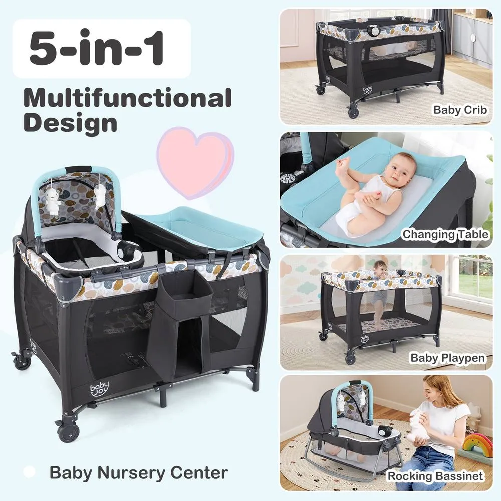 Costway Foldable Pack &Play Portable Baby Playard w/Rocking Bassinet&Music Box in Blue 2