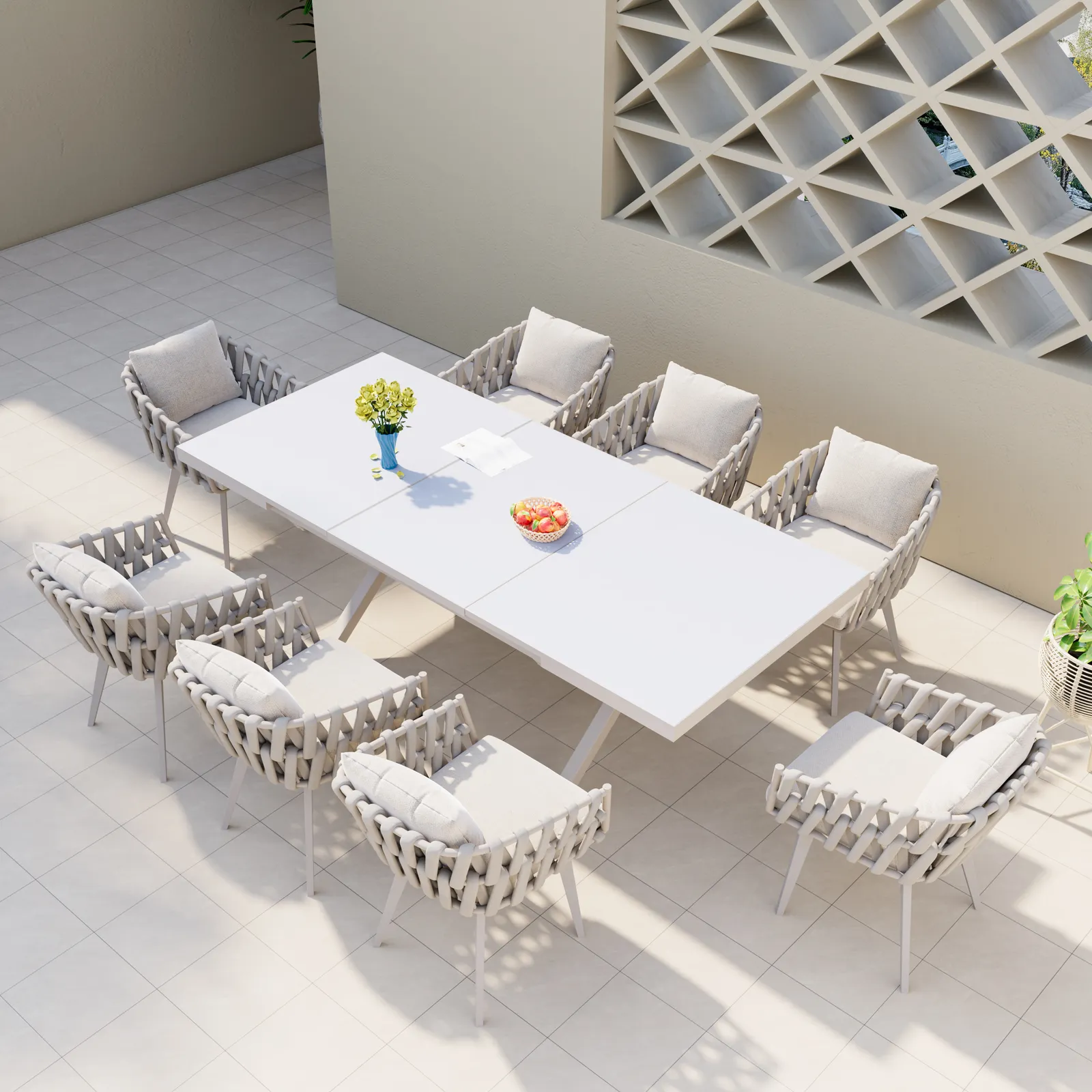 9-Piece Outdoor Extendable Dining Set with 8 Rope Weave Chairs (160 - 215 cm) in Grey