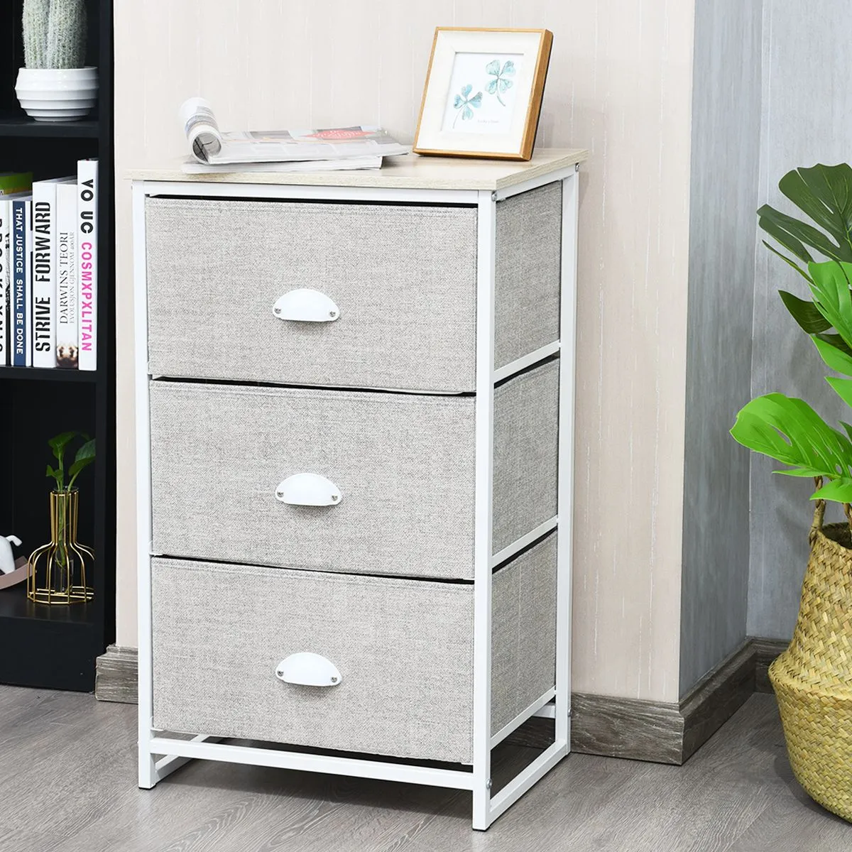 Costway 3-Drawer Fabric Dresser Metal Frame Chest of Drawers Nightstand 2