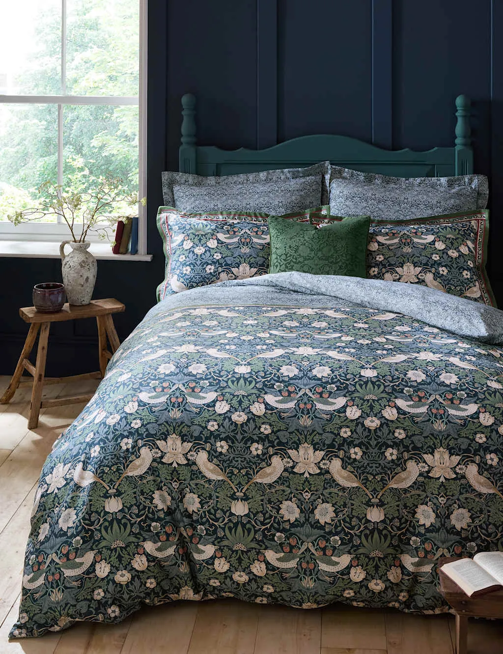 William Morris At Home Midnight Strawberry Thief Bedding Set Dark Teal