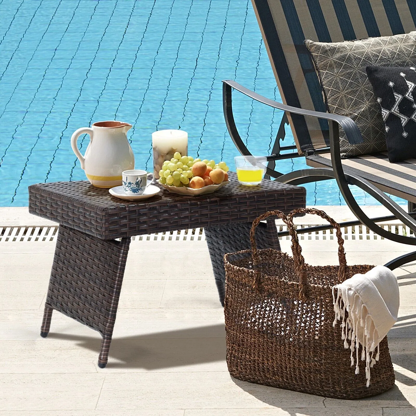 Costway Wicker Coffee Table Folding Outdoor Patio Rattan Side Table in Brown 4