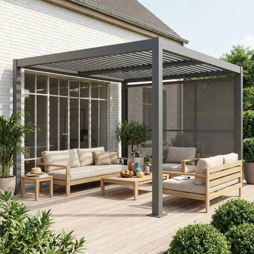 sweeek Louvered pergola 3x3m & 3m awning in Dark Grey