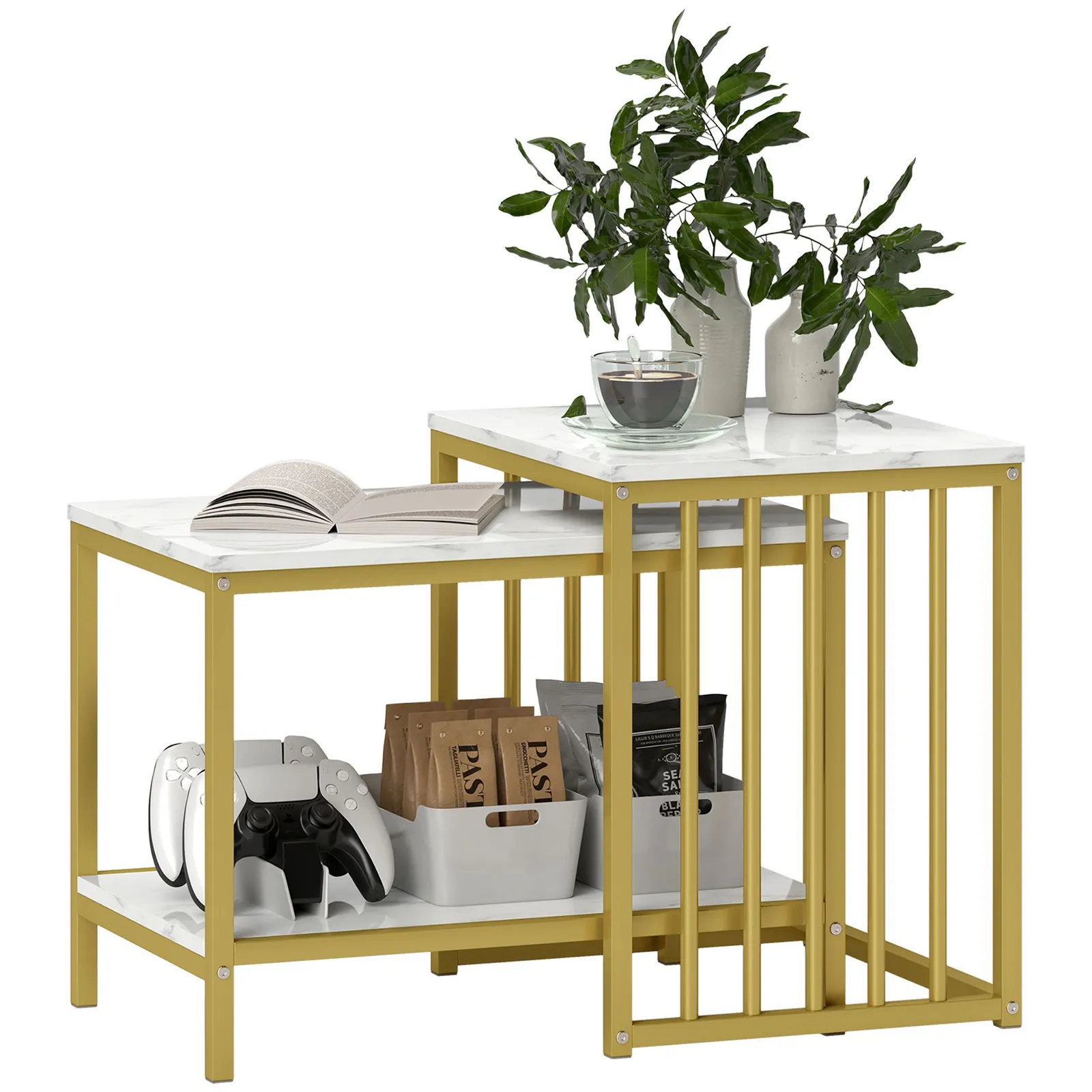 HOMCOM Modern Coffee Table Set of Two w/ Steel Frame Marble-Effect Gold Tone 2