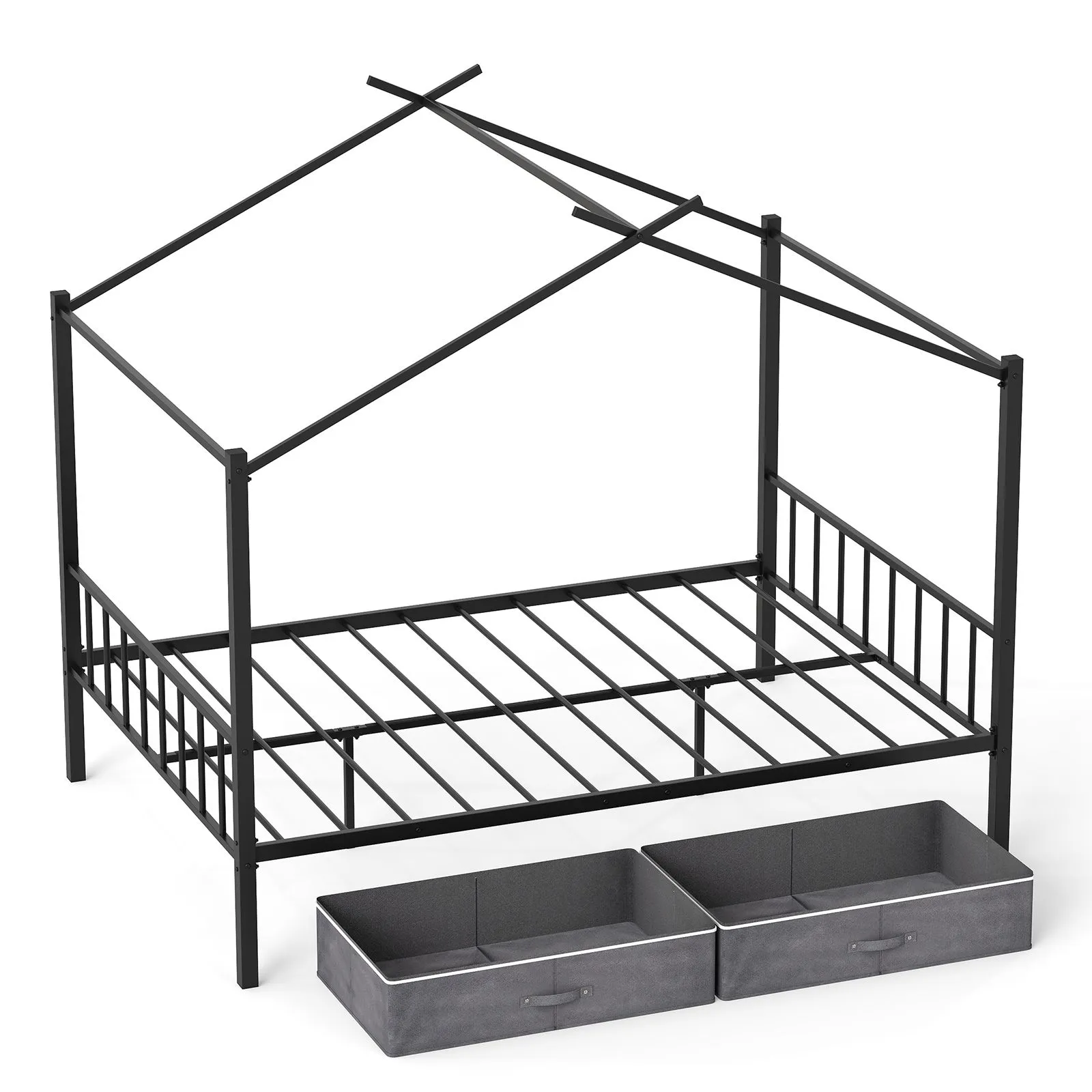 Costway Double Size House Bed Heavy-Duty Metal Platform Bed w/2 Drawers in Black