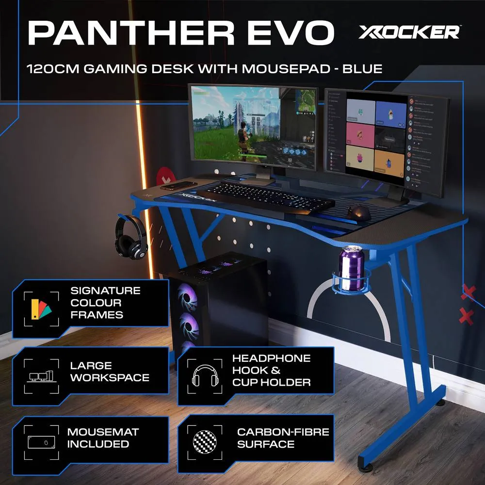 X Rocker Panther Evo 120cm Gaming Desk with Mousepad - Blue 2