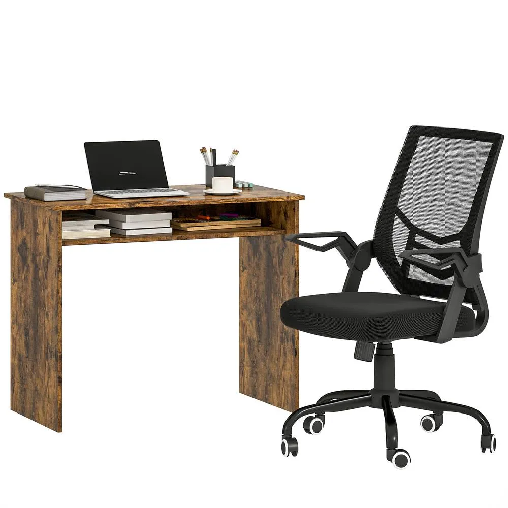 HOMCOM Home Office Desk & Chair Set w/ Shelves Ergonomic Swivel Chair Brown 2
