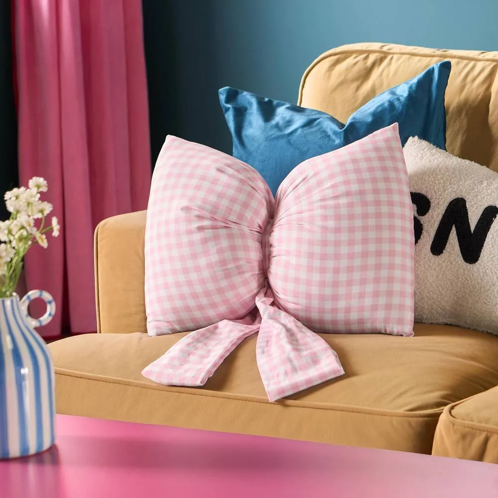 OHS Gingham Bow Shaped Filled Scatter Cushion Decorative Throw Pillow in Pink
