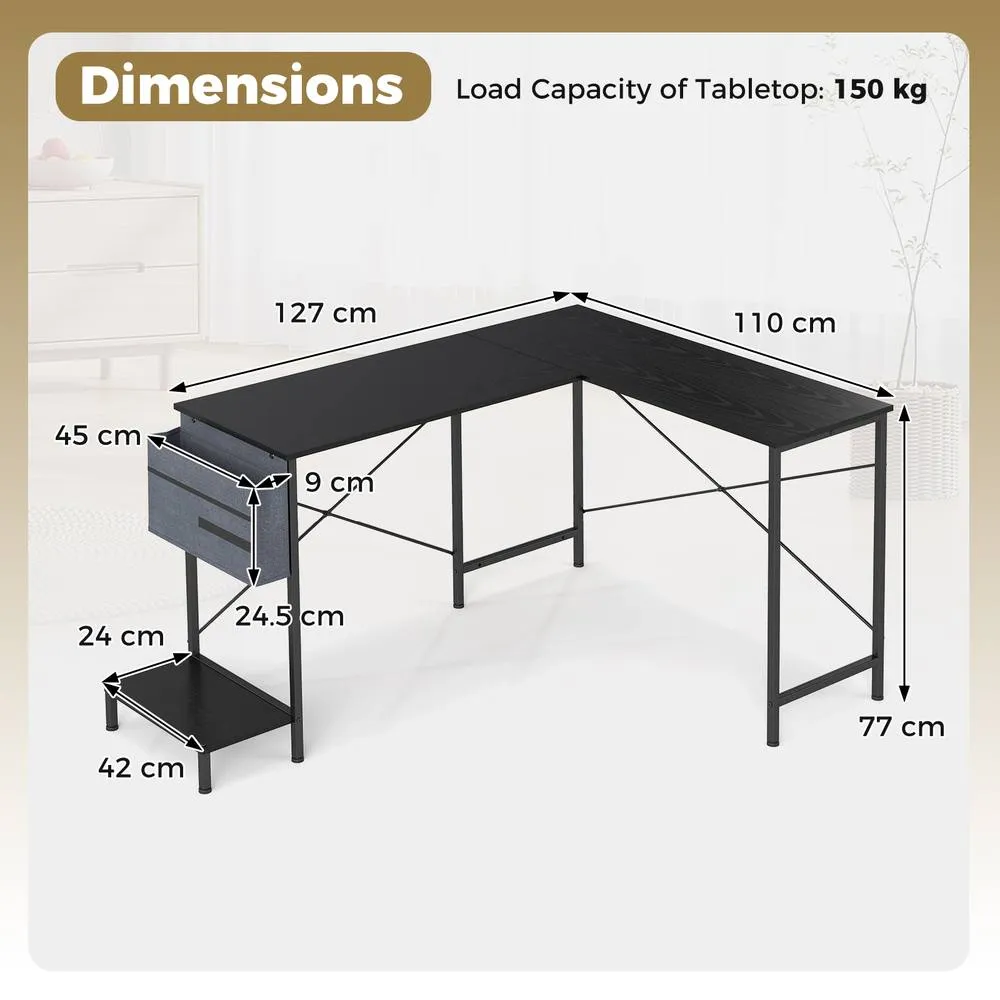 Costway L Shaped Office Desk with Drawer Reversible Corner Computer Desk with CPU Stand in Black 2