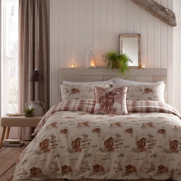 Dreams & Drapes Lodge Hanson Highland Cow Terracotta 100% Brushed Cotton Duvet Cover & Pillowcase Set 1