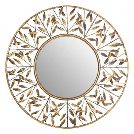 Zaria Round Tiny Leaf Design Wall Bedroom Mirror In Gold Frame
