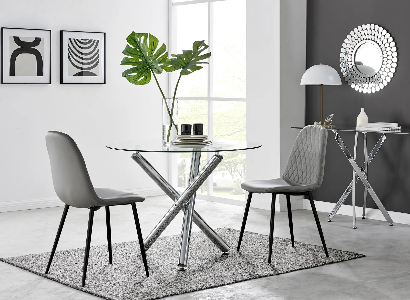 FurnitureboxUK Selina Round Glass Chrome Leg Dining Table & 2 Corona Black Leg Chairs in Grey 1