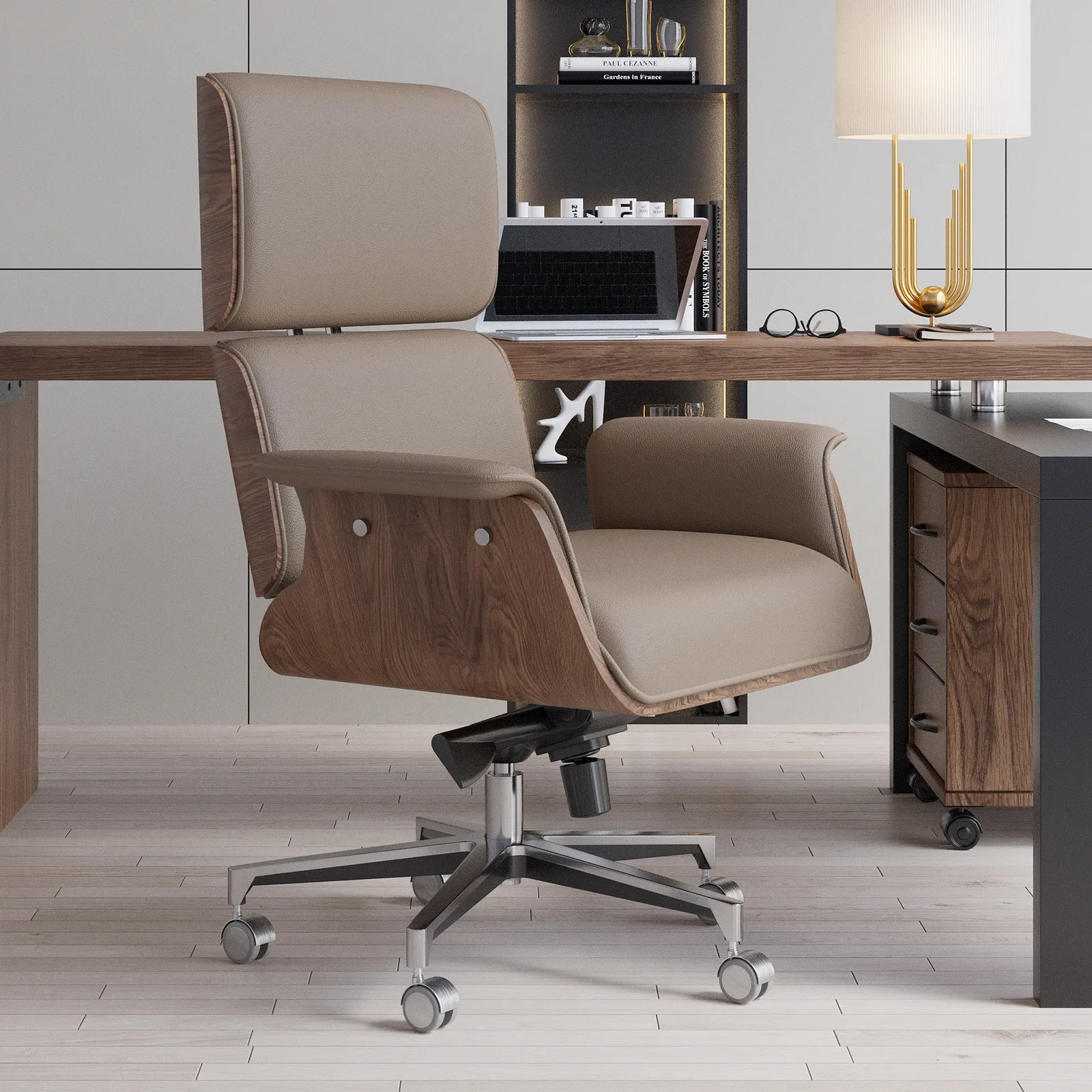 Modern Khaki Home Office Chair Upholstered Swivel Wooden Desk Chair Task Adjustable Height