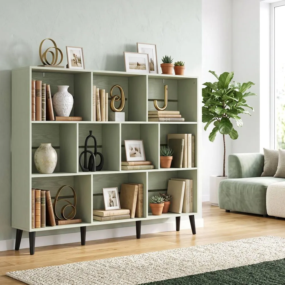 HOMCOM Bookshelf with 10 Cubbies, Book Shelf with Wood Legs, Light Green 2