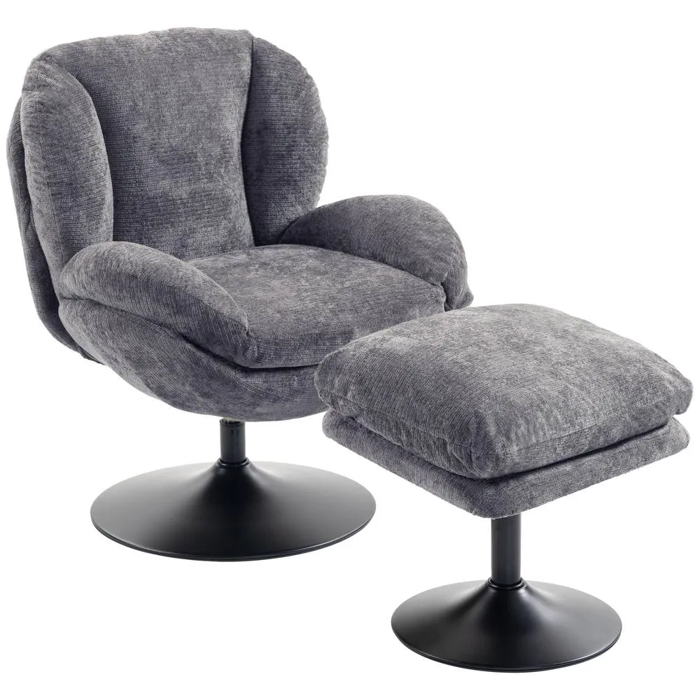 HOMCOM Chenille Lazy Chair with Ottoman, 360° Swivel, Dark Grey