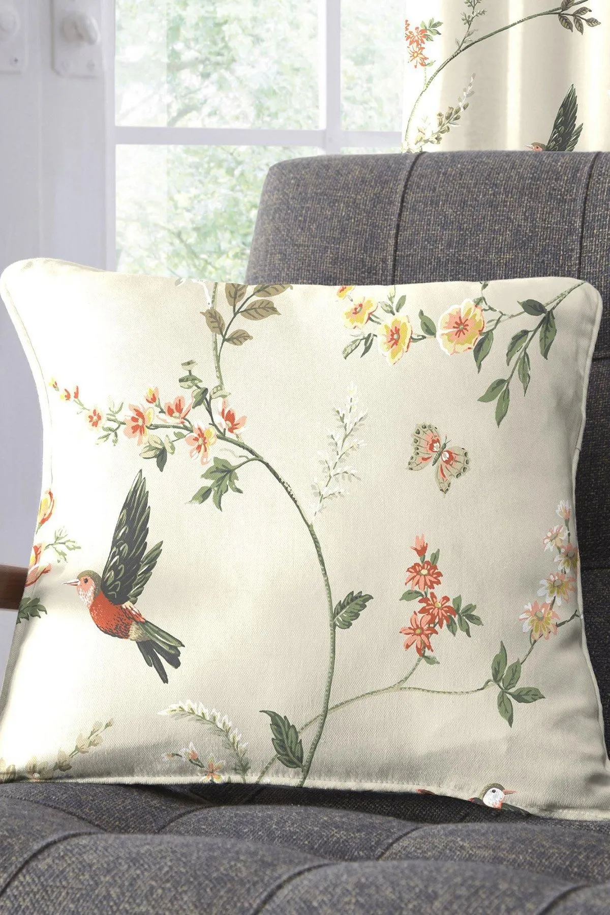 Dreams & Drapes 'Darnley' Blooms & Birds Print Filled 100% Cotton Cushion in Coral