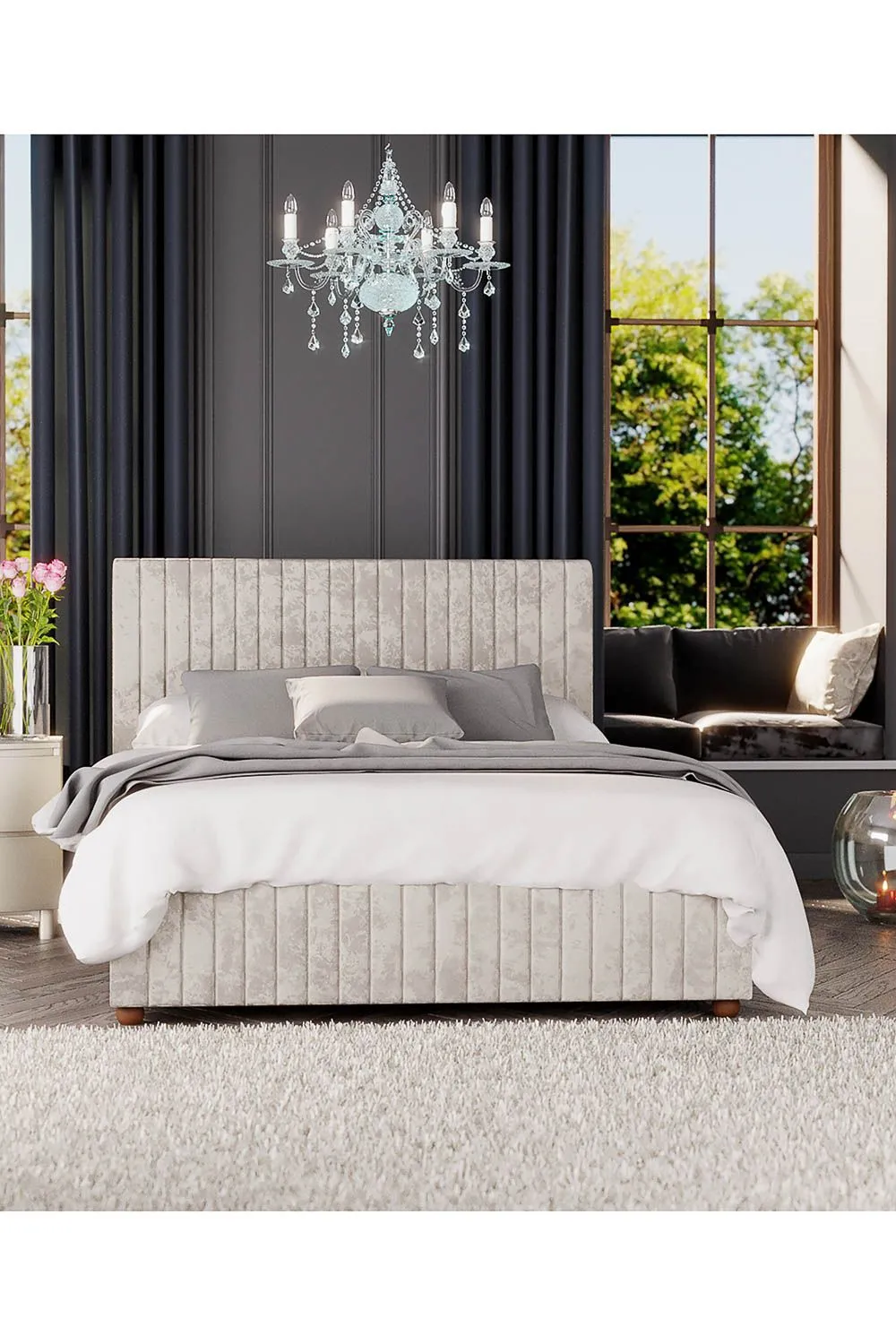 Laurence Llewelyn-Bowen Estella Ottoman Storage Bed in Mirazzi Velvet Fabric, Custom Made in Ivory 4
