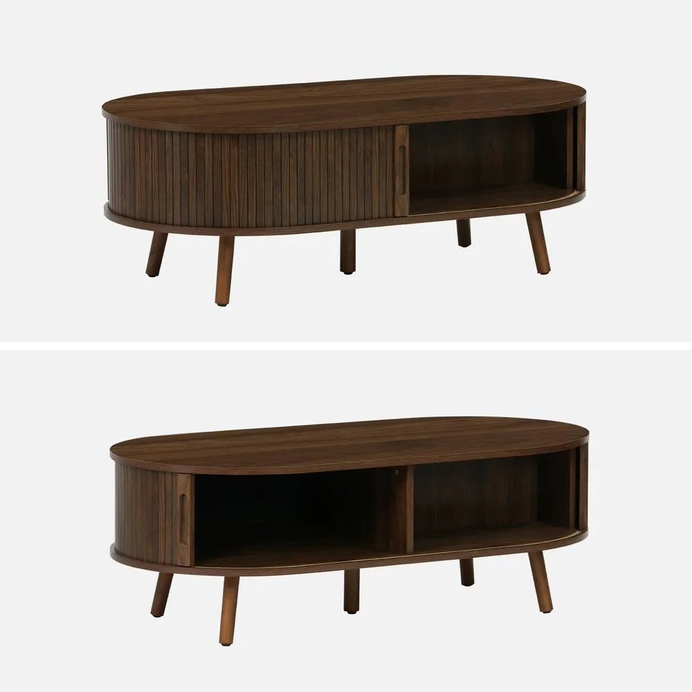 sweeek Coffee Table With Sliding Doors & Grooved Wooden-effect Compartments in Dark Brown 2
