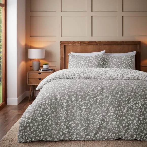 Catherine Lansfield Grace Floral Leaf 100% Brushed Cotton Duvet Cover & Pillowcase Set