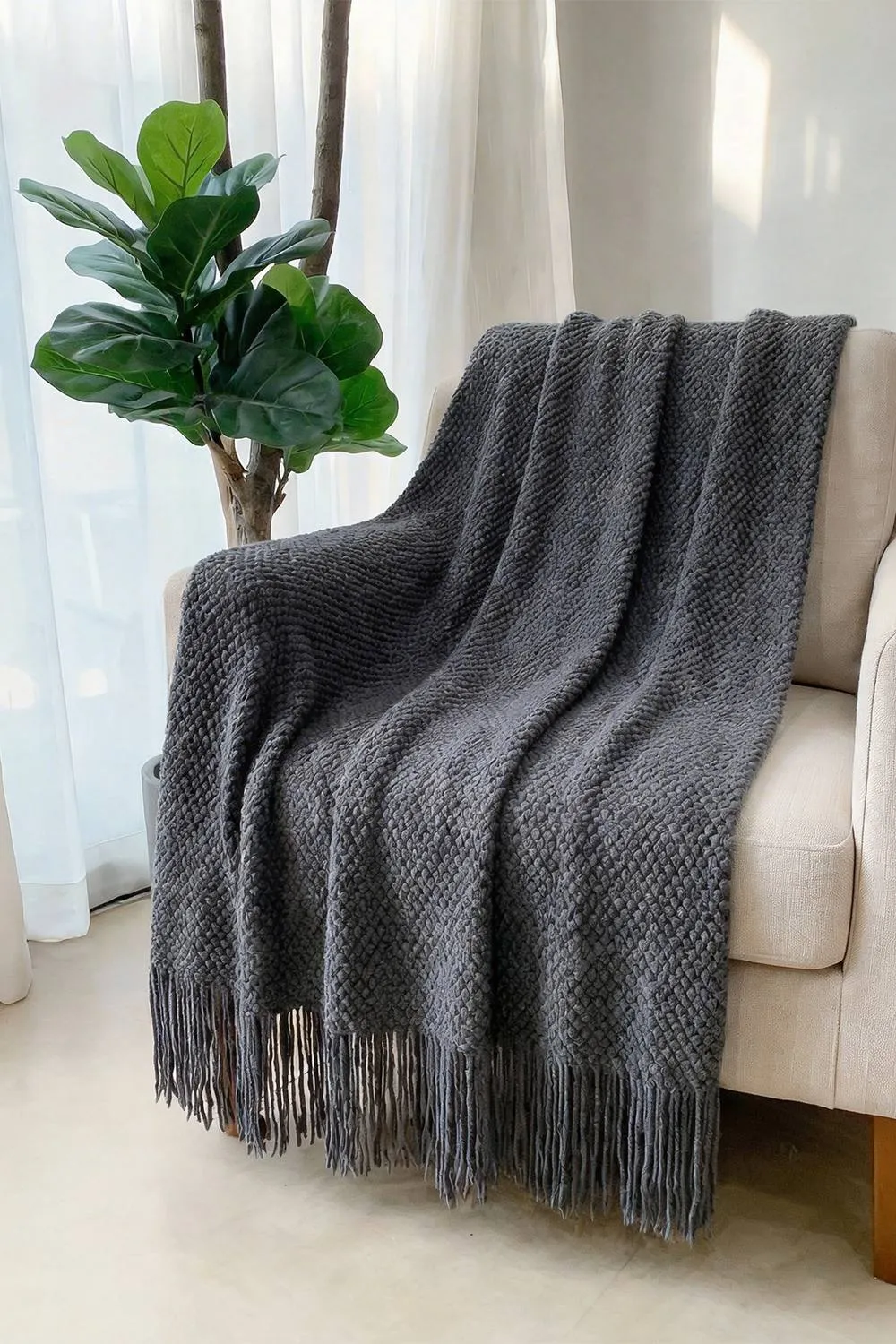 Living and Home Cozy Knitted Fringed Throw for Sofa & Bed Decor in Dark Grey