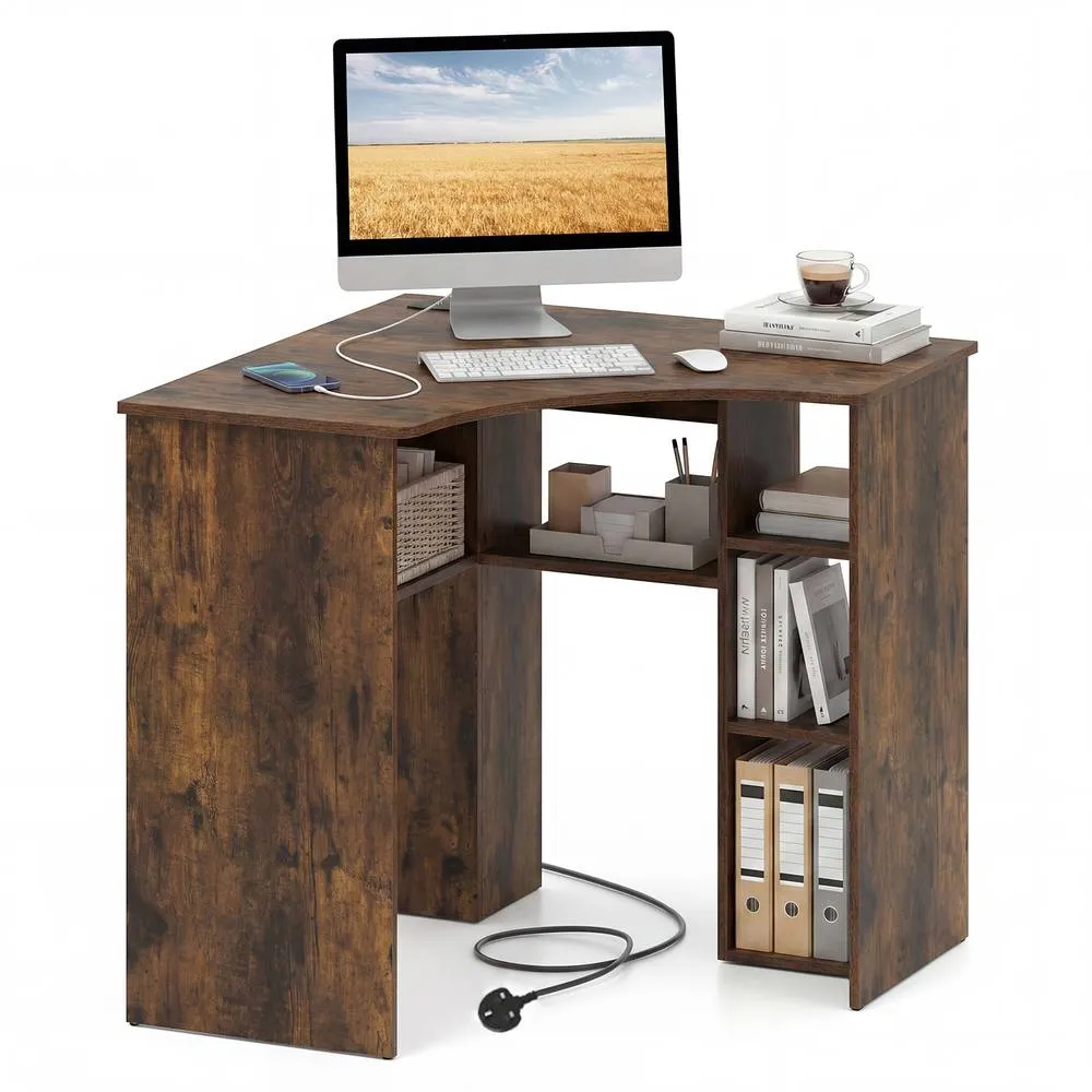 Costway Triangle Corner Computer Desk with Charging Station & Open Shelves in Brown