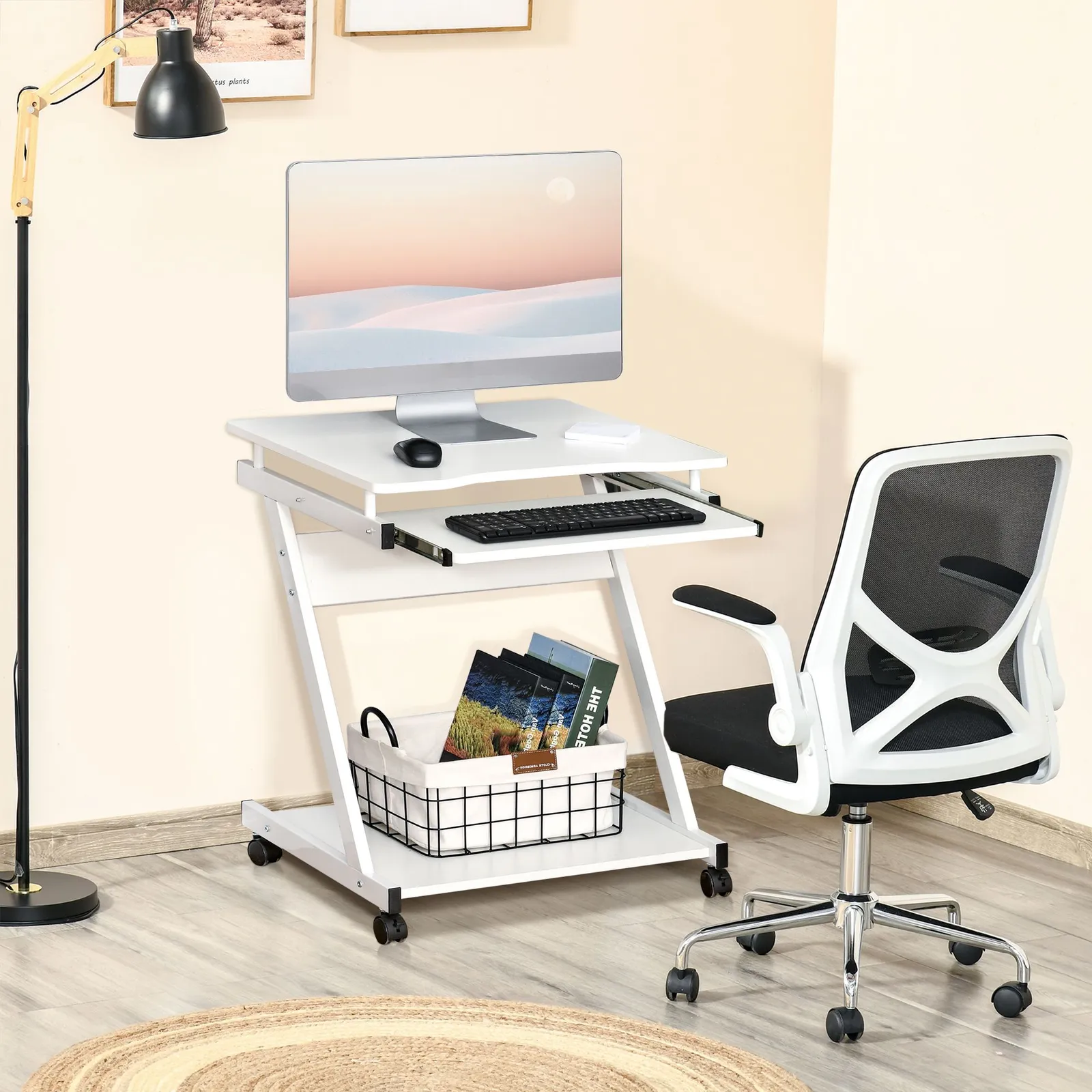 HOMCOM Movable Computer Desk with 4 Moving Wheels Sliding Keyboard Tray in White 1