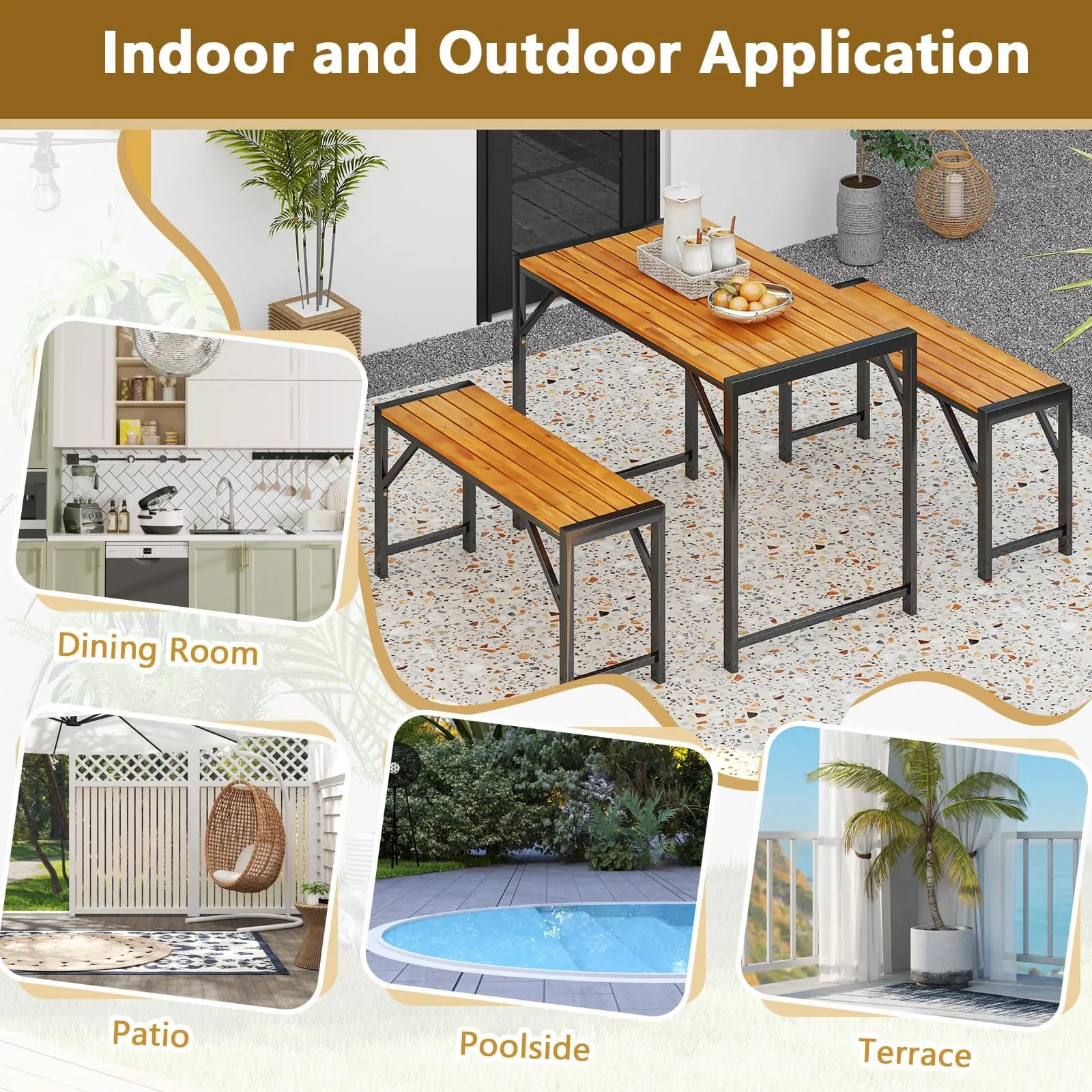 Costway 3-Pieces Patio Dining Set for 4 People Outdoor Picnic Table & 2 Benches in Natural 5