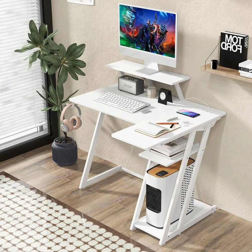 Costway L-Shaped Gaming Desk Small Computer Desk w/ Monitor Shelf & Outlets in White 3