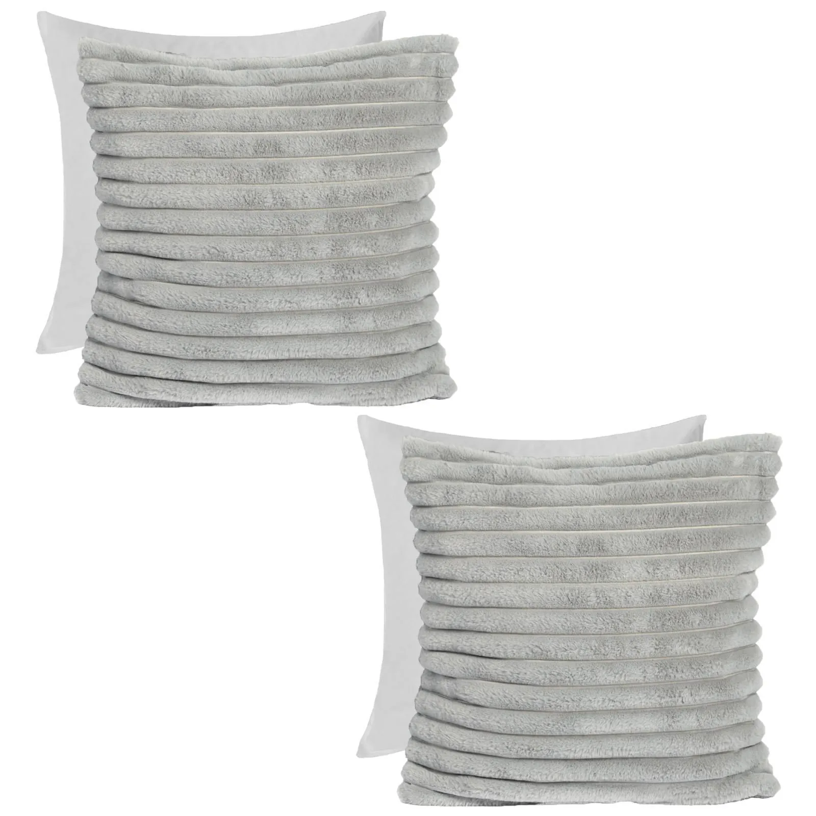OHS 2 x Faux Fur Thick Rib Filled Cushion Covers in Light Grey