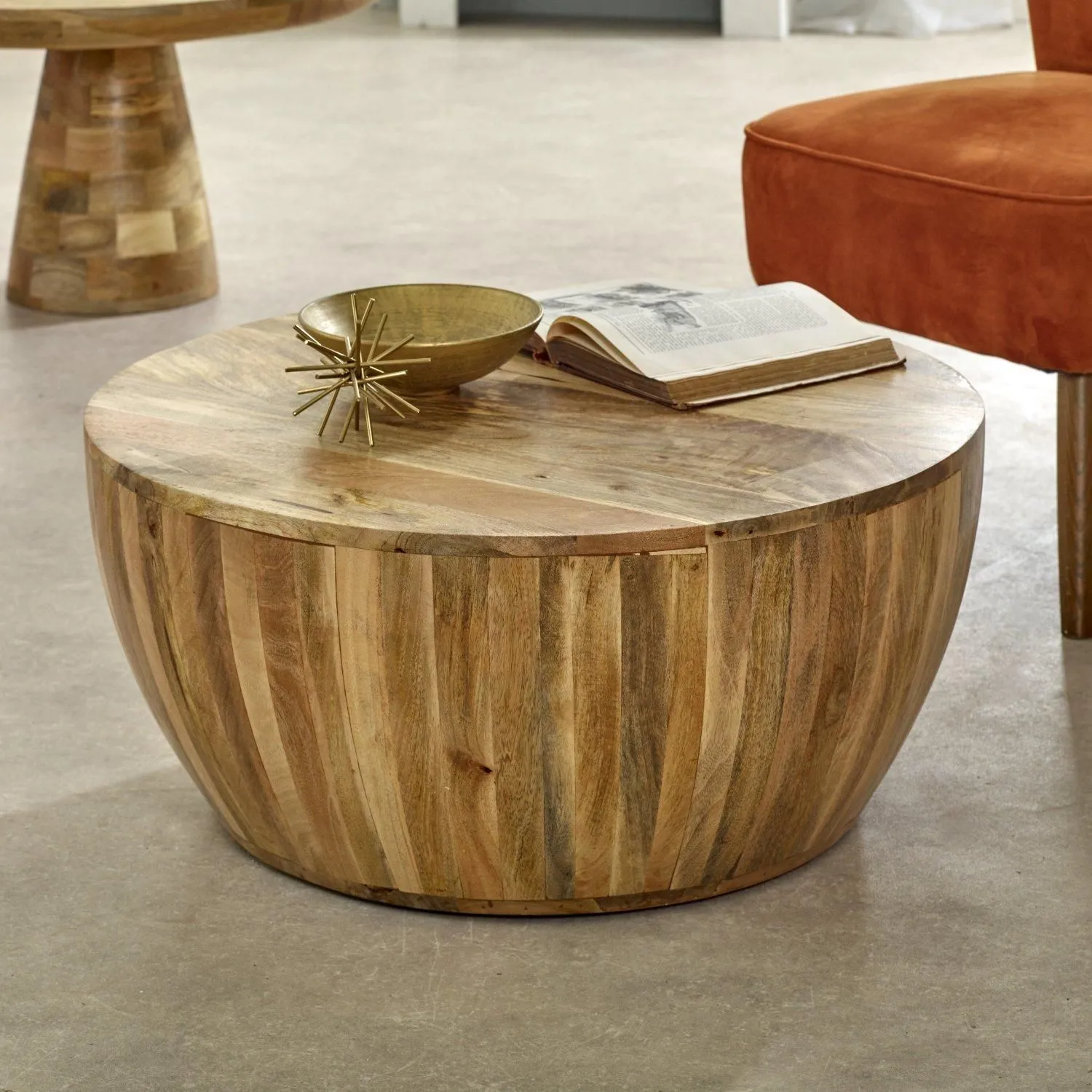IH Design Bratton Mango Wooden Drum Coffee Table in Brown 2