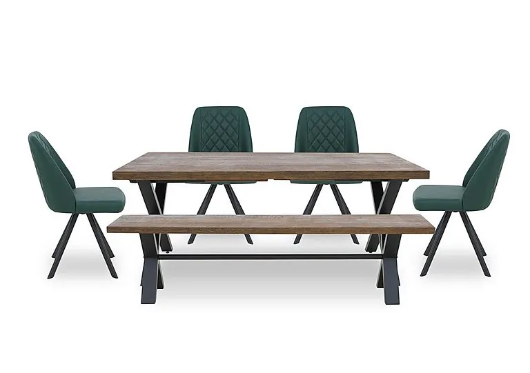Jupiter Large Dining Table with X Shaped Legs, Bench and 4 Swivel Chairs - Green