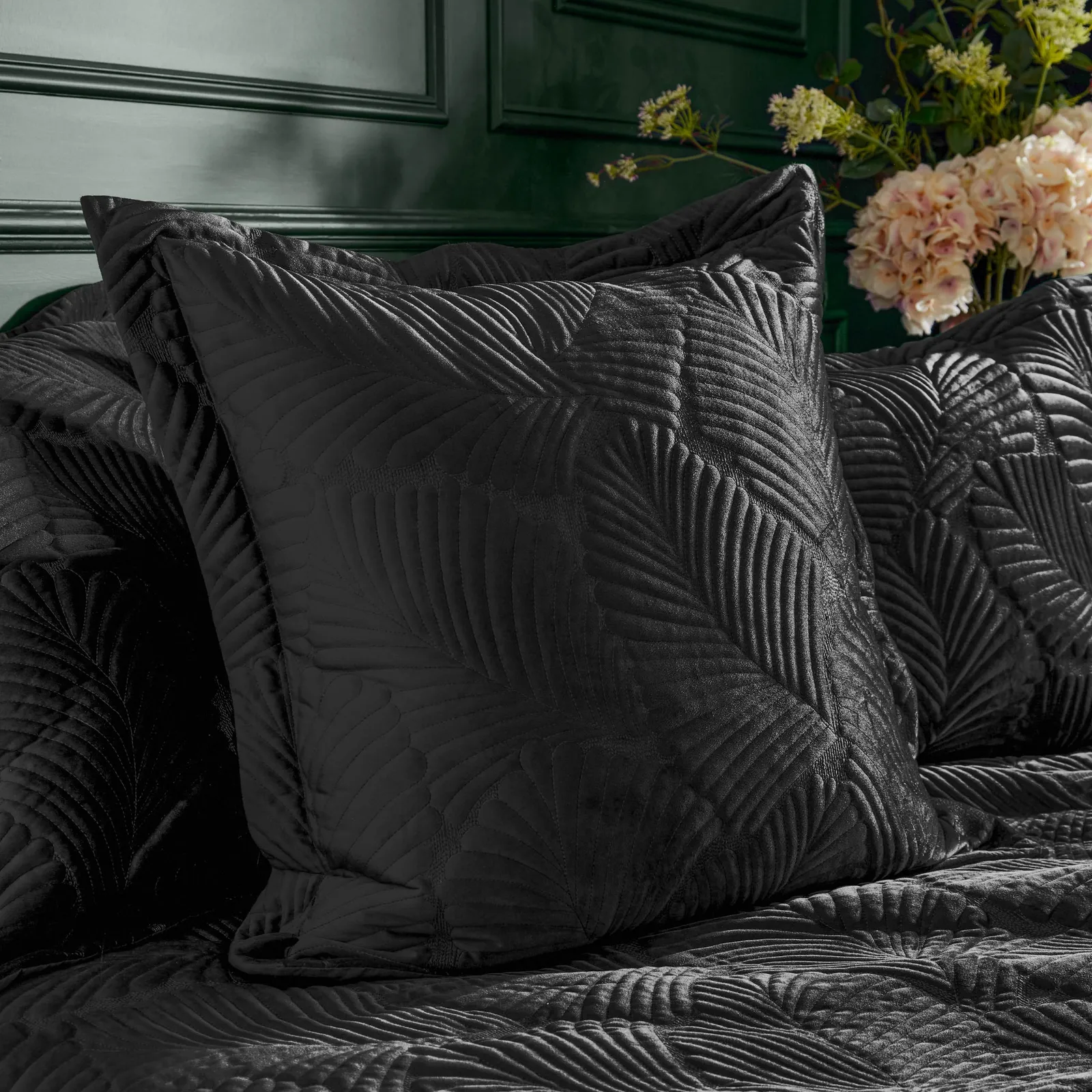 Paoletti Palmeria Embroidered Velvet Cushion in Black