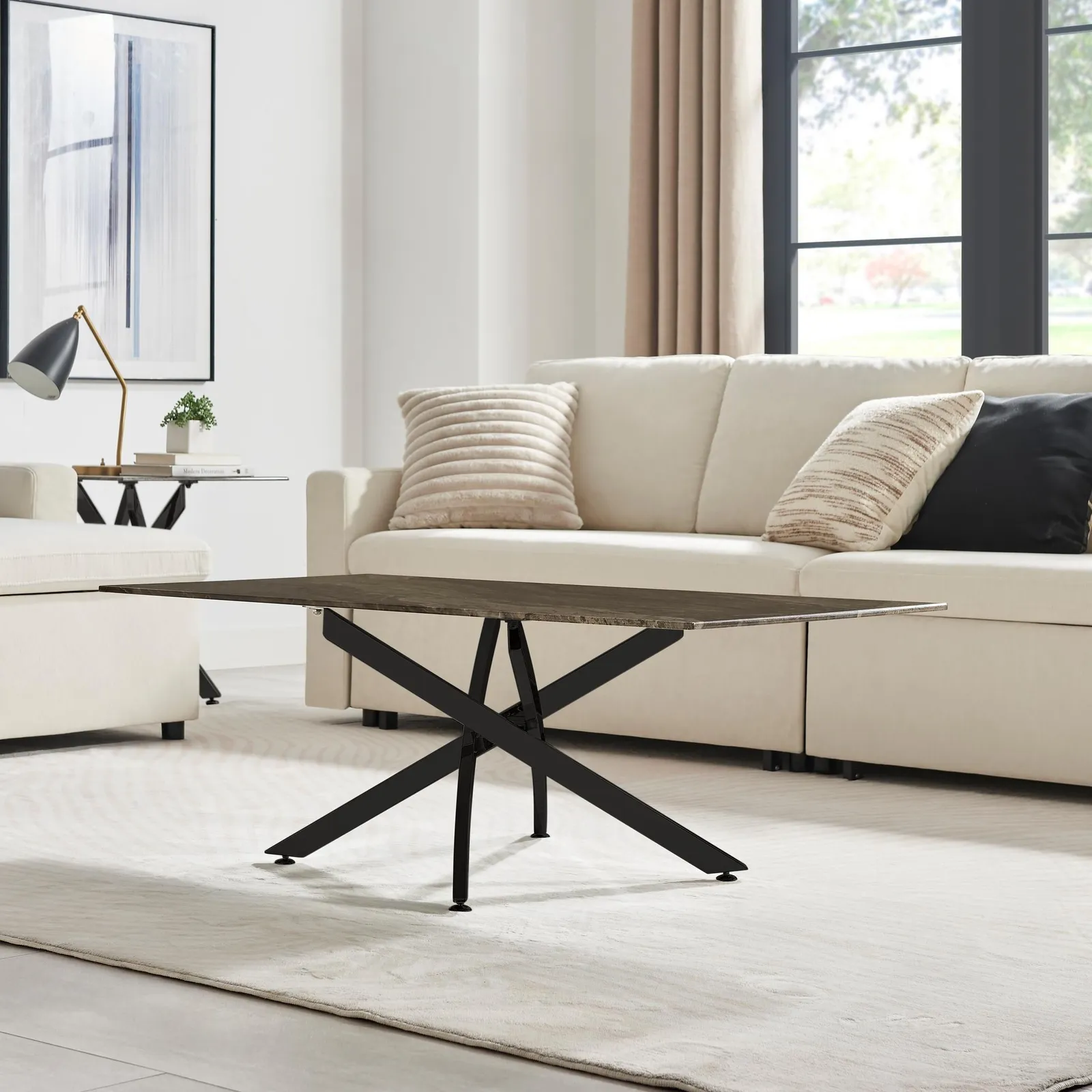 FurnitureboxUK Leonardo Rectangular Marble Effect Glass Top Coffee Table With Black Metal Starburst Legs in Grey 3