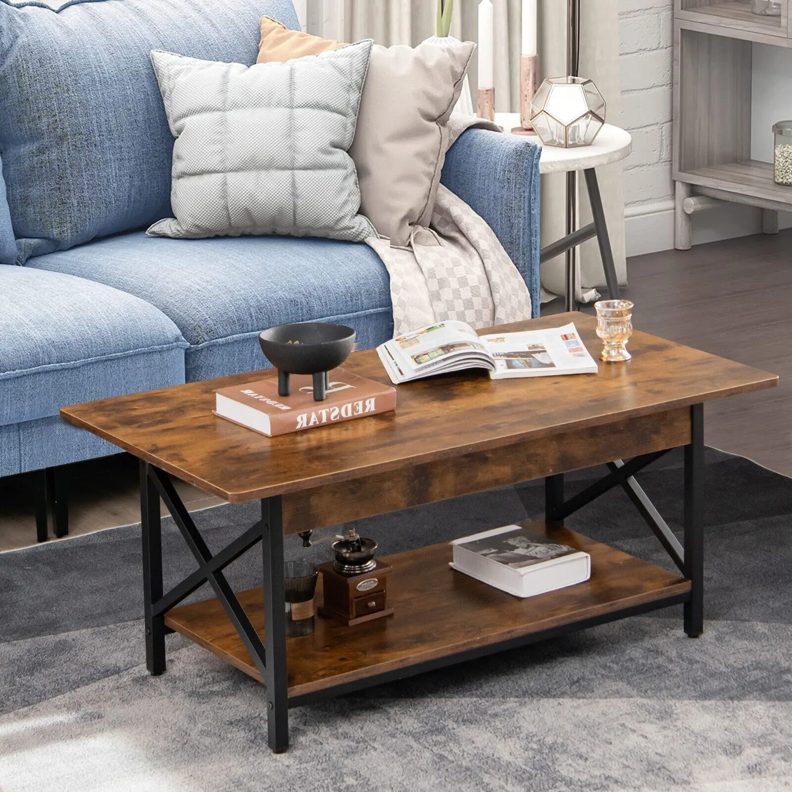 Costway 2-Tier Industrial Coffee Table Home Cocktail Tea Side Table with Storage Shelf in Brown 3