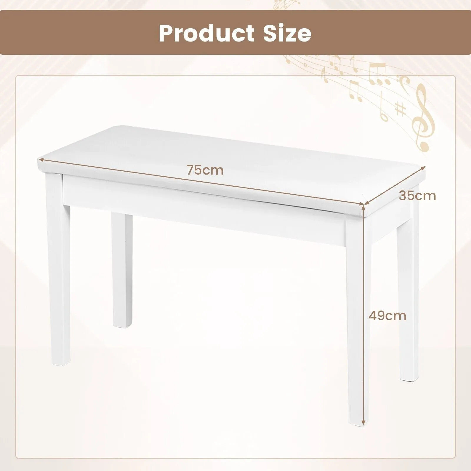 Costway 75cm PU Leather Piano Bench Double Duet Seat Padded Vanity Stool with Storage in White 2