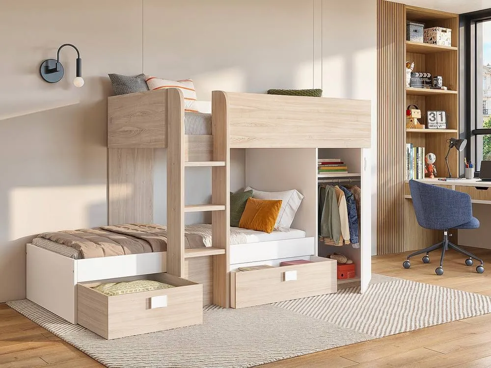 Vente-unique Reversible Corner Bunk Beds - 2 X 90 X 190 Cm - Integrated Storage in Light Oak 6