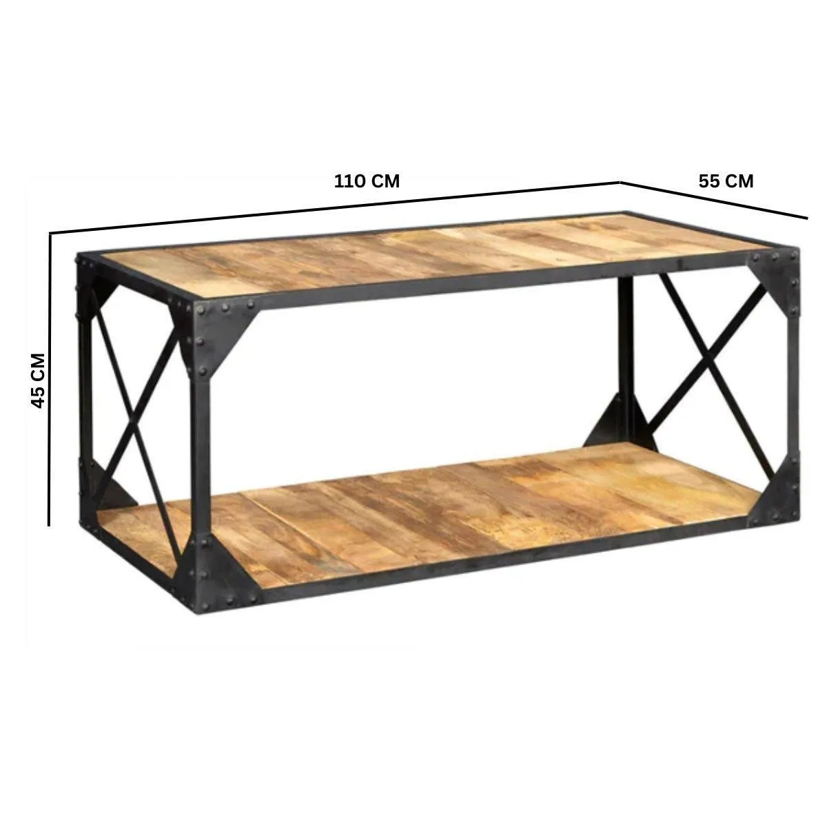 IH Design Alteus Vintage Up cycled Industrial Coffee Table with Shelf Metal & Wood in Black 4