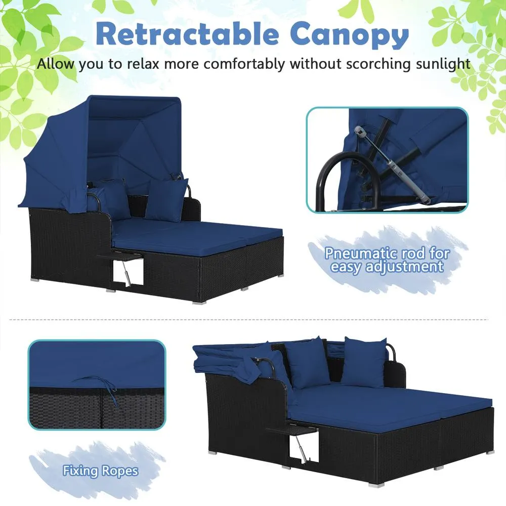 Costway Daybed with Retractable Canopy PE Rattan Wicker Sunbed for 2 Persons in Blue 6