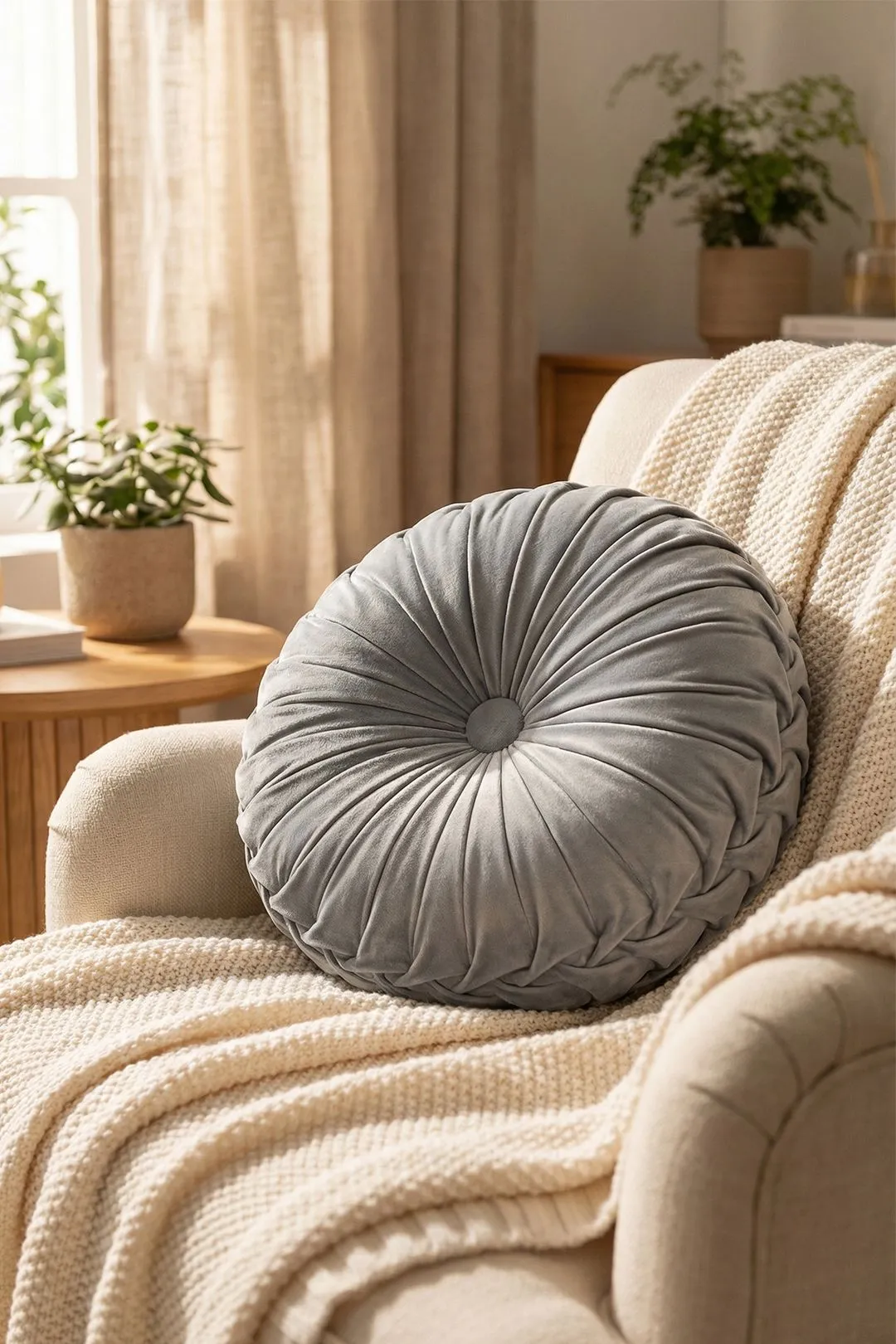Living and Home 35cm Round Velvet Pillow for Couch Small Handmade Decorative Throw Pillow for Bed Bedroom in Grey