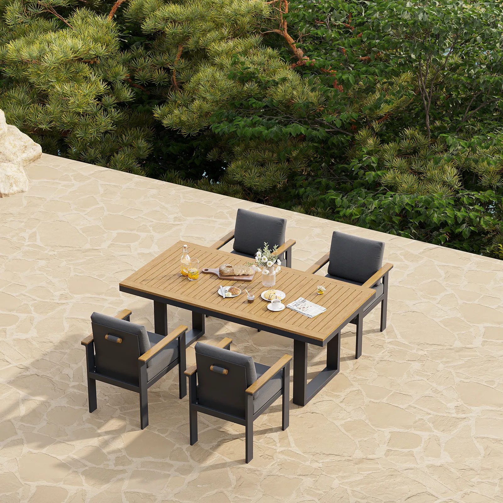 Tevara 5-Piece Rectangular Wood & Aluminium Outdoor Patio Dining Set for 4 People