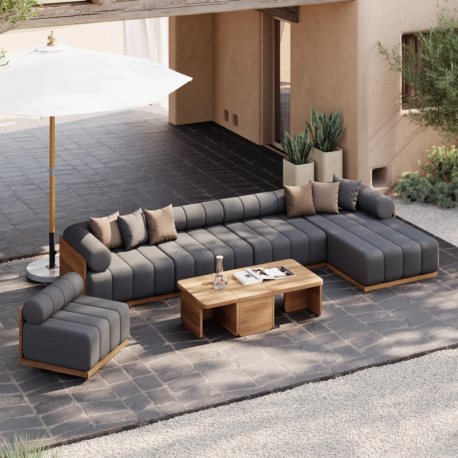 Resaro 8-Piece Outdoor Modular Natural Teak Sectional Fluted Sofa Set in Gray
