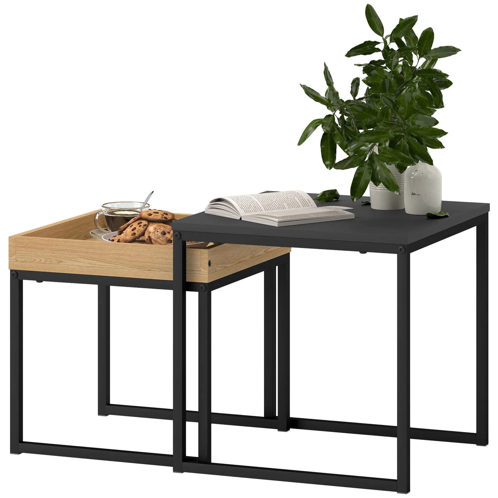 HOMCOM Modern Coffee Table Set Square Nest of Tables for Small Space in Black