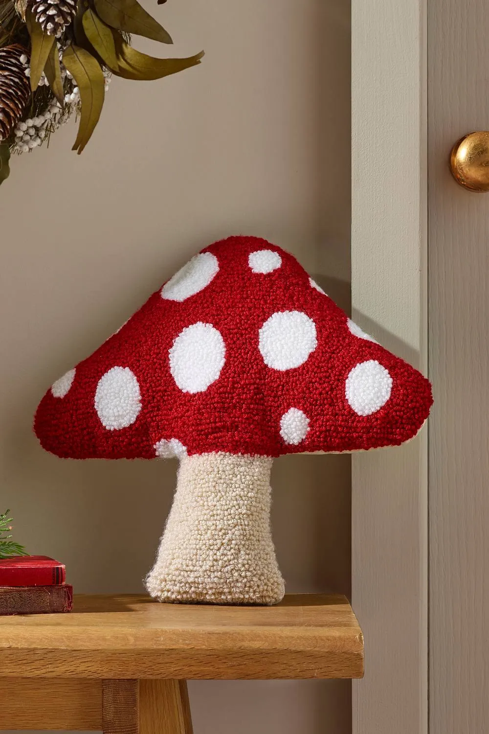 Catherine Lansfield 'Woodland Crochet Mushroom' 3D Shaped Cushion in Red