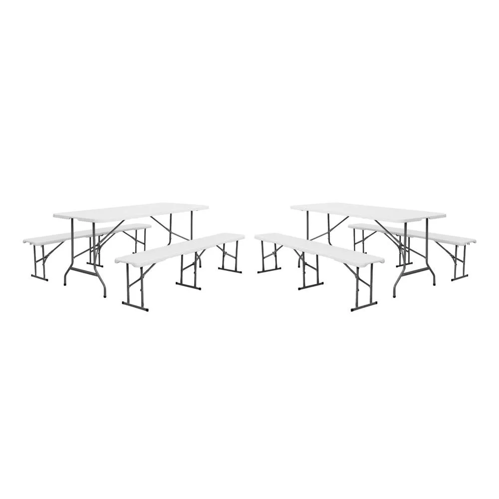 sweeek Folding steel reception table with 2 benches (set of 2) in White 2