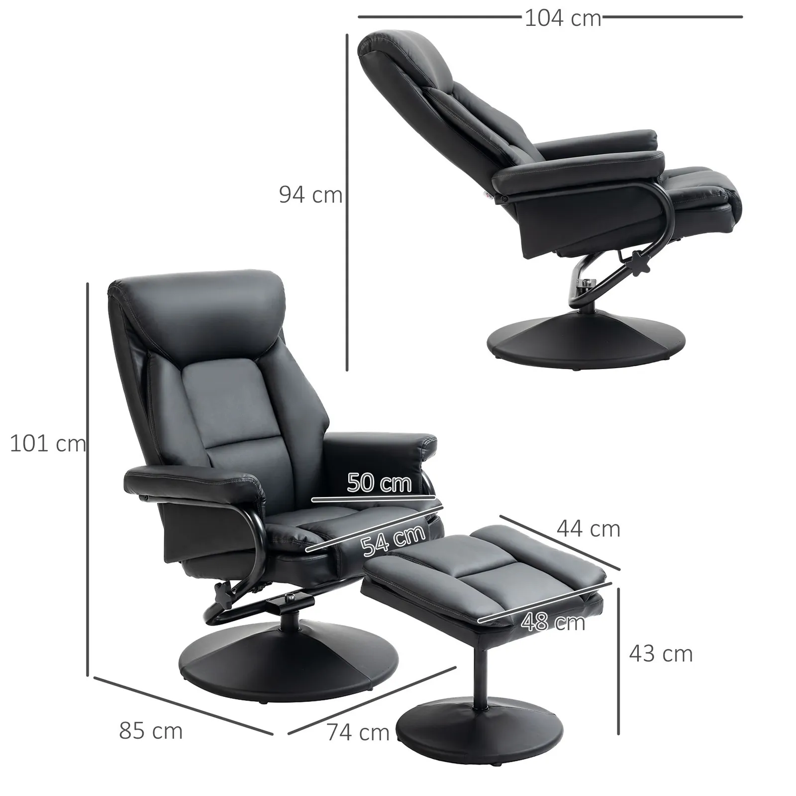 HOMCOM PU Leather Swivel Recliner Armchair with Ottoman, Black 3